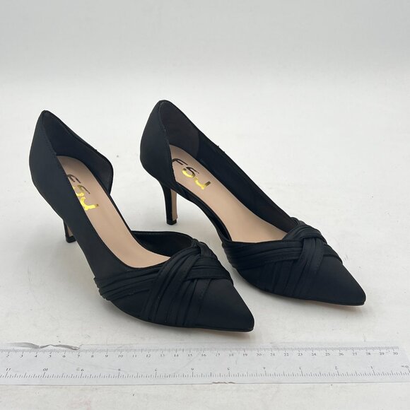 FSJ Black Mid Heels Pointed Toe Slip on Pumps D'Orsay Pleated Satin Shoes - Picture 4 of 8